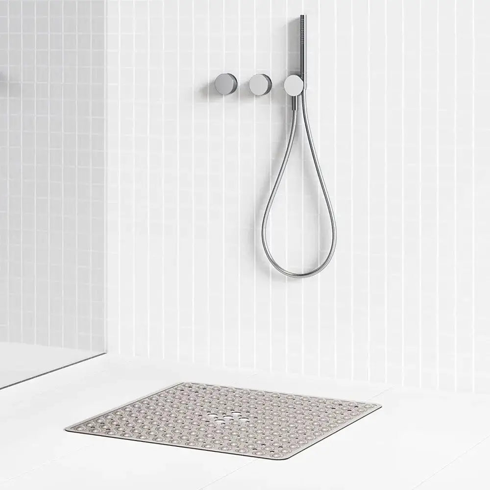 Gray PVC shower mat with suction cups, 53x53 cm, square anti-slip bath floor pad