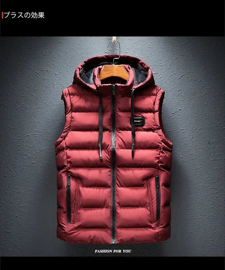 Simples Market red men's sleeveless hooded puffer vest with front zip, quilted padding, 6XL.