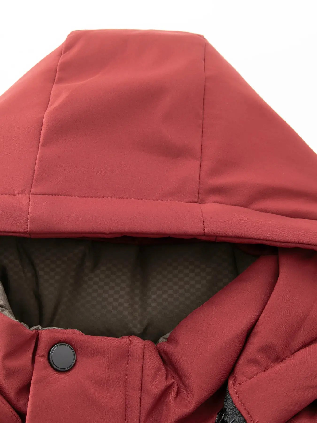 Men's red hooded cotton jacket with snap button detail and dark inner lining