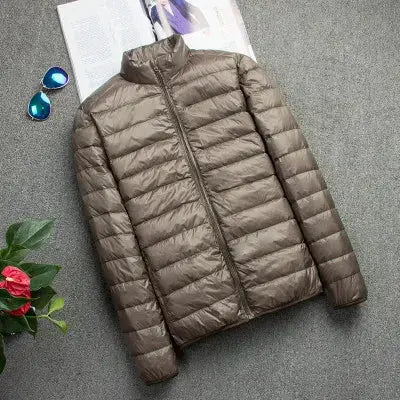 Men's brown puffer down jacket, slim-fit, lightweight warmth