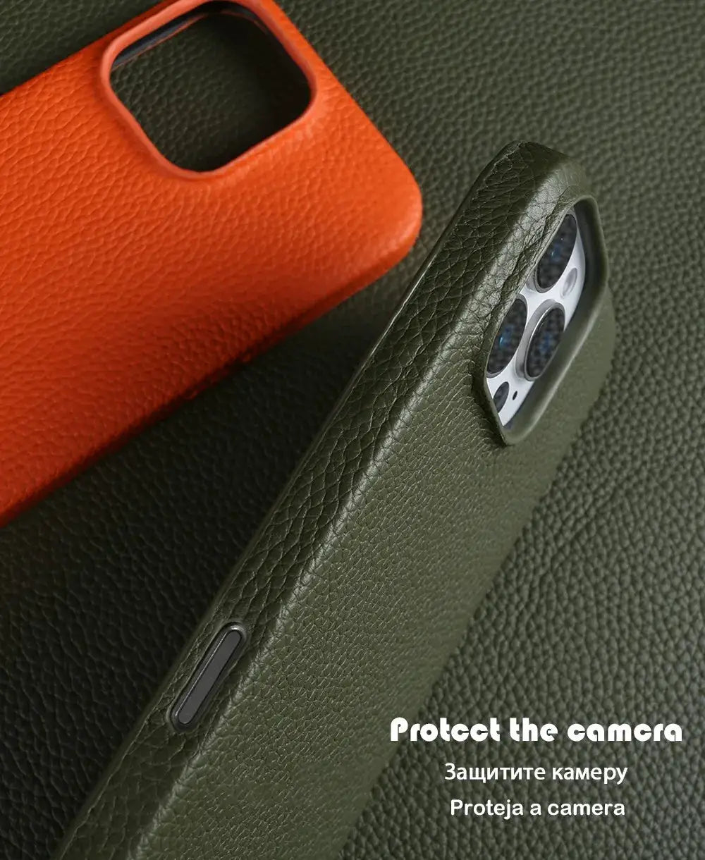 Leather MagSafe phone case in green with full-wrap design and triple-camera cutout