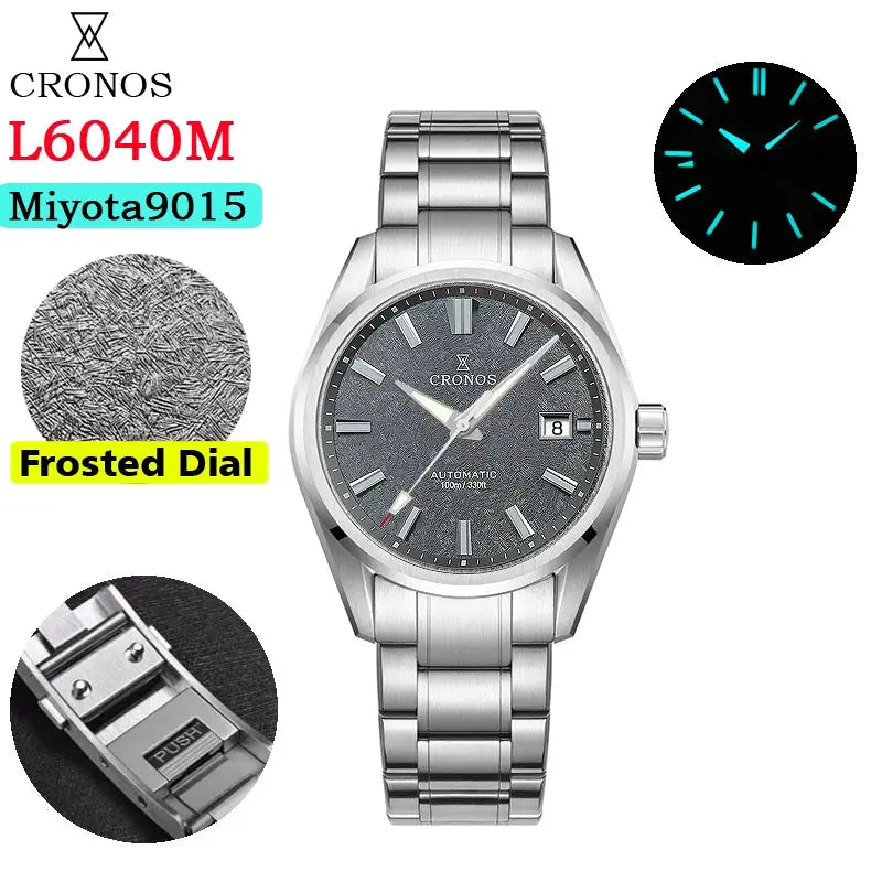 Cronos L6040M men's stainless steel watch with frosted birch-pattern dial, Miyota 9015 automatic, 39mm, date, 10 ATM