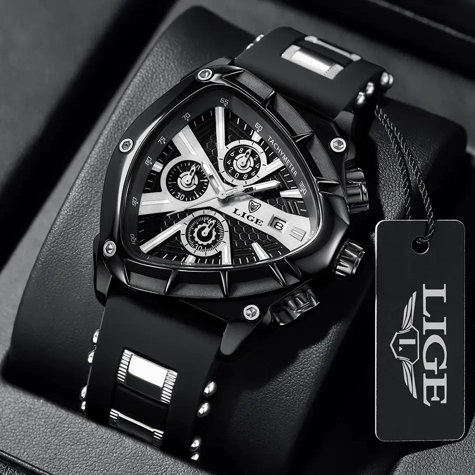 LIGE original luxury men's watch with black dial, tri-subdial chronograph and silicone strap