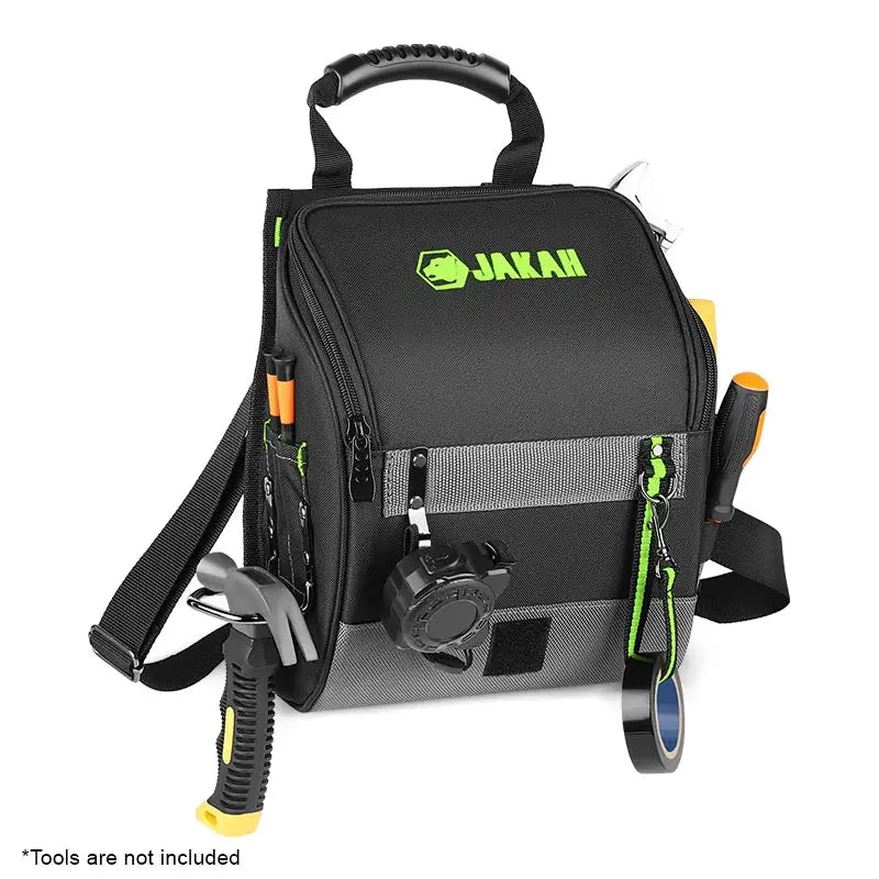 JAKAH electrician tool pouch with black/gray fabric, neon green logo, padded shoulder strap and multiple pockets