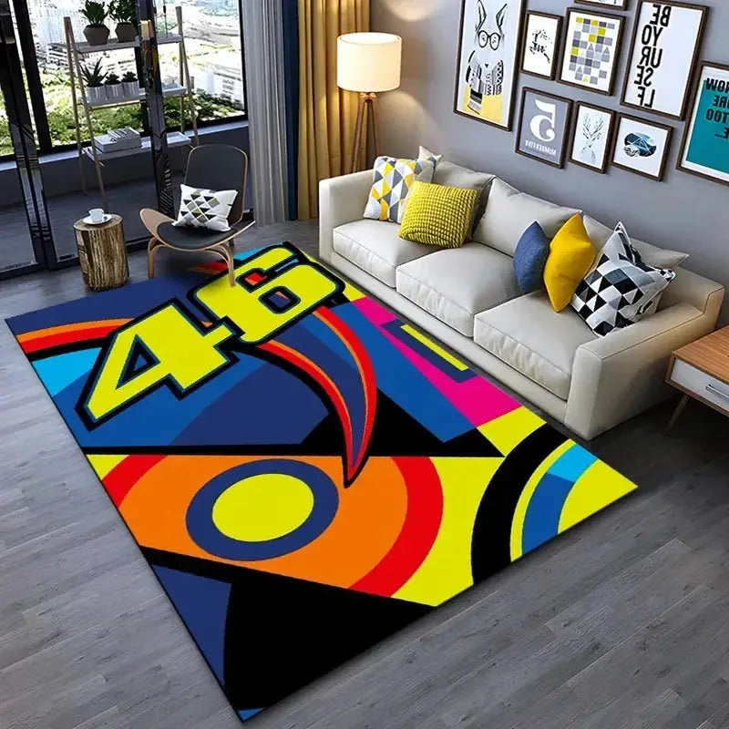 Doctor Cartoon Head Yellow Racing Theme Rug With Number 46 Signature For Living Room And Bedroom Decor