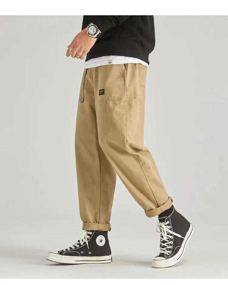HIQOR men's cargo pants in khaki with multiple pockets and rolled cuffs