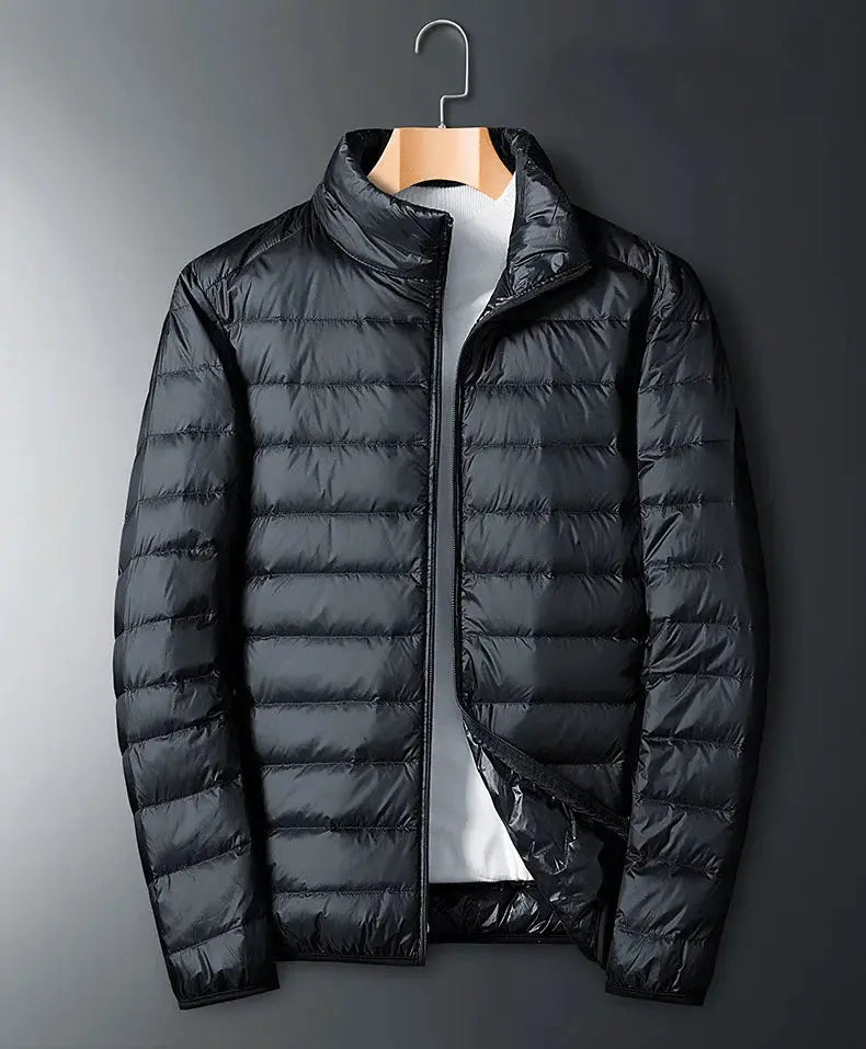 Plus-size men's hooded down jacket, lightweight black puffer coat.