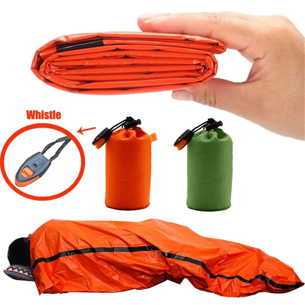 Simples Market portable waterproof emergency survival sleeping bag in orange with whistle and two storage pouches