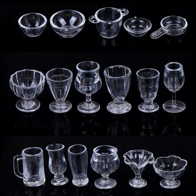 Seventeen Piece Transparent Dollhouse Kitchenware Set For DIY Pretend Play Miniature Cups Plates Dishes Bowls