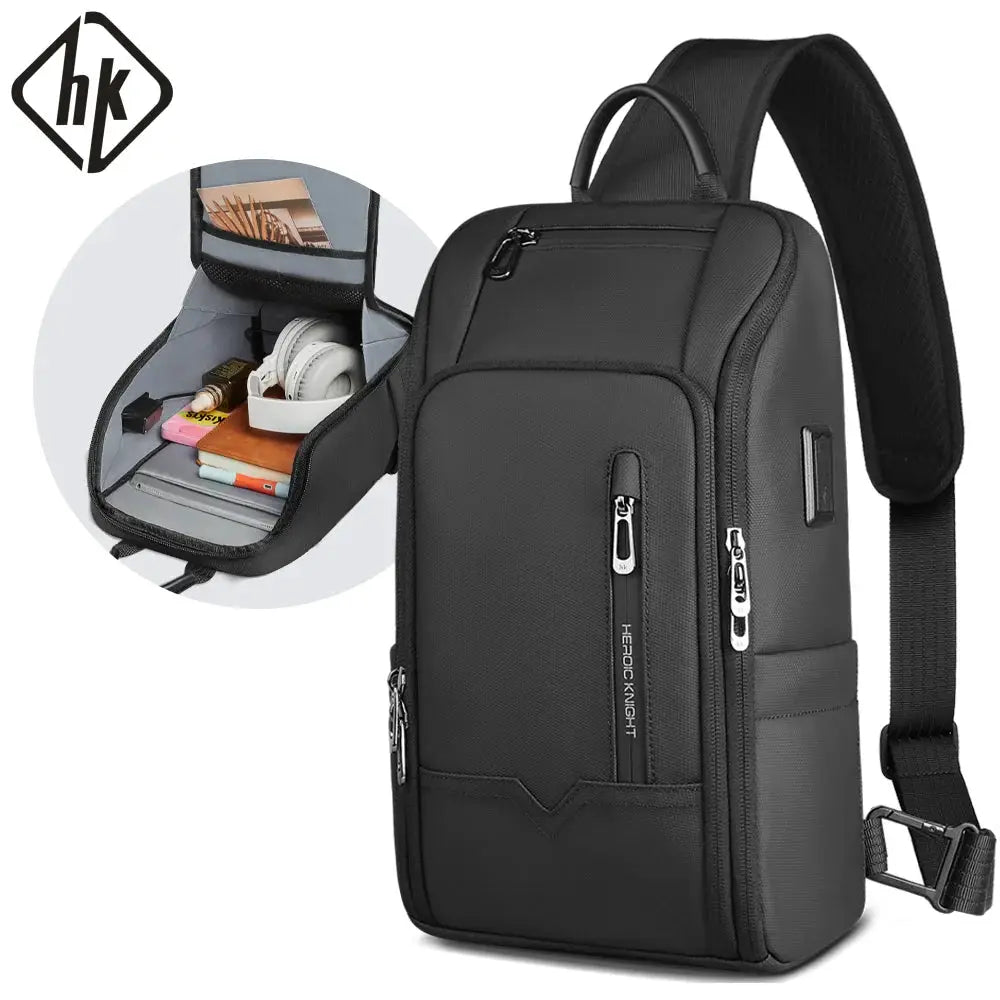 HK anti-theft men's shoulder bag in black Oxford fabric with USB charging pocket and multiple pockets