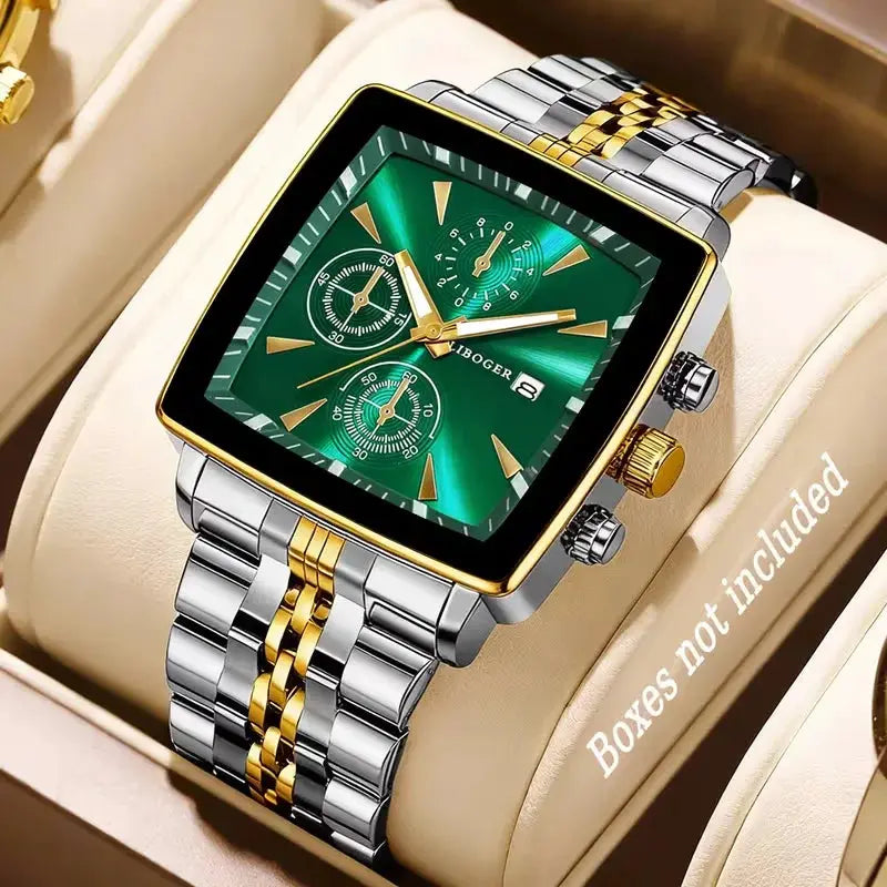 Men's square-dial quartz wristwatch by Simples Market, green dial, gold bezel, silver-gold bracelet, calendar window