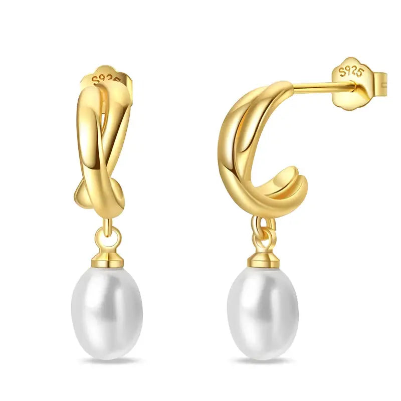 Gold-tone hoop earrings with dangling white pearl drops, pair