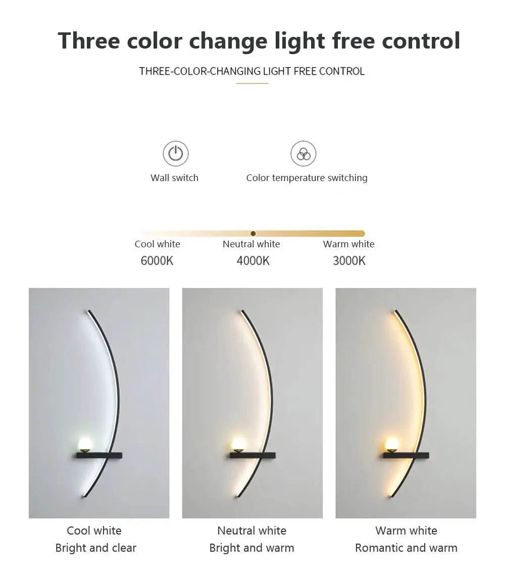 Simples Market LED wall lamp, black curved arc with shelf and globe light; three color variants (55/105 cm).