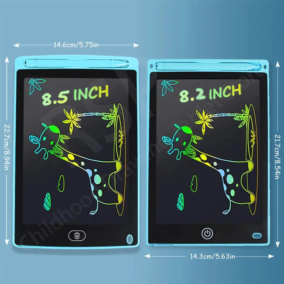 Simples Market turquoise LCD drawing tablets for kids; two 8.5-inch and 8.2-inch tablets with stylus pens and neon screens.