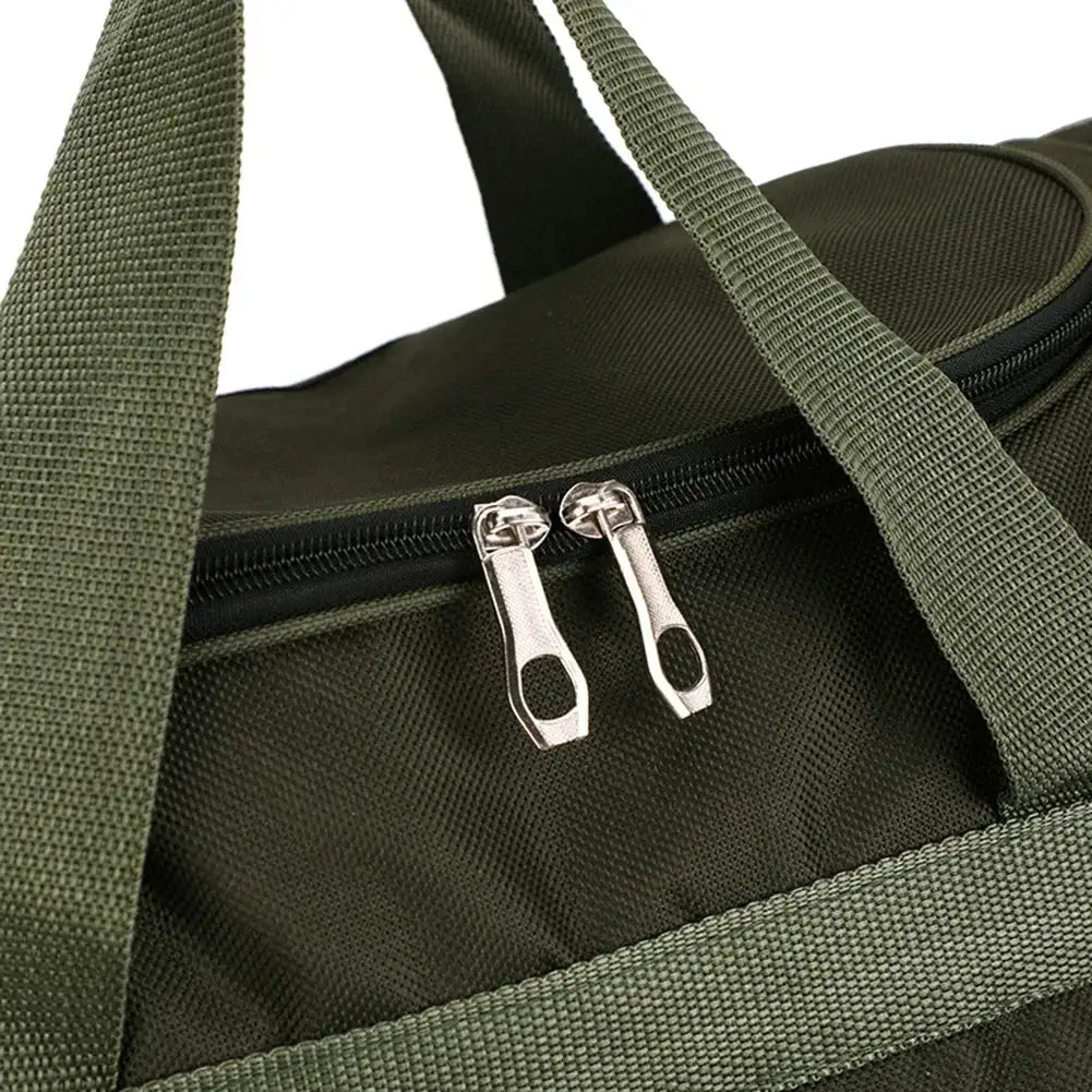 Olive green Oxford gym bag with dual metal zippers and rugged webbing straps
