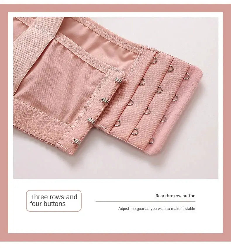 Pink bra with three-row, four-hook back closure and soft fabric