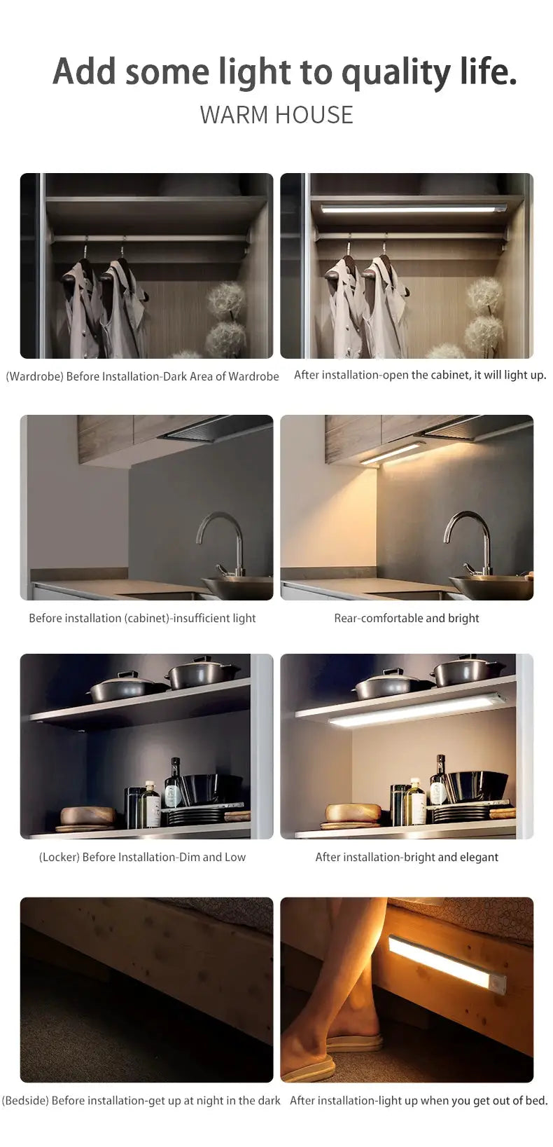 LED Motion Sensor Light by Simples Market, wireless USB under-cabinet and wardrobe lighting (8-panel collage)