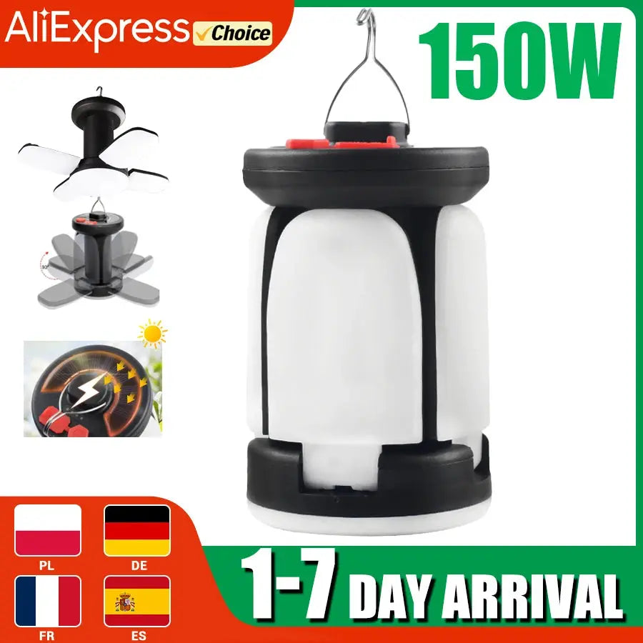 Simples Market outdoor LED camping lantern, white with black base, solar USB rechargeable, hanging tent light.