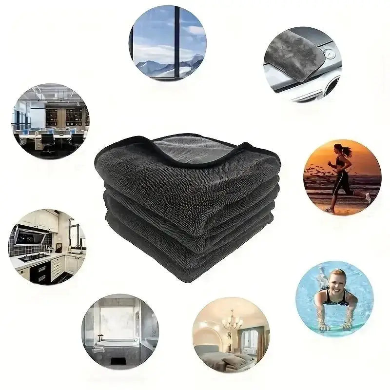 3pc Simples Market microfiber cleaning cloths, charcoal black, ultra-absorbent and quick-dry