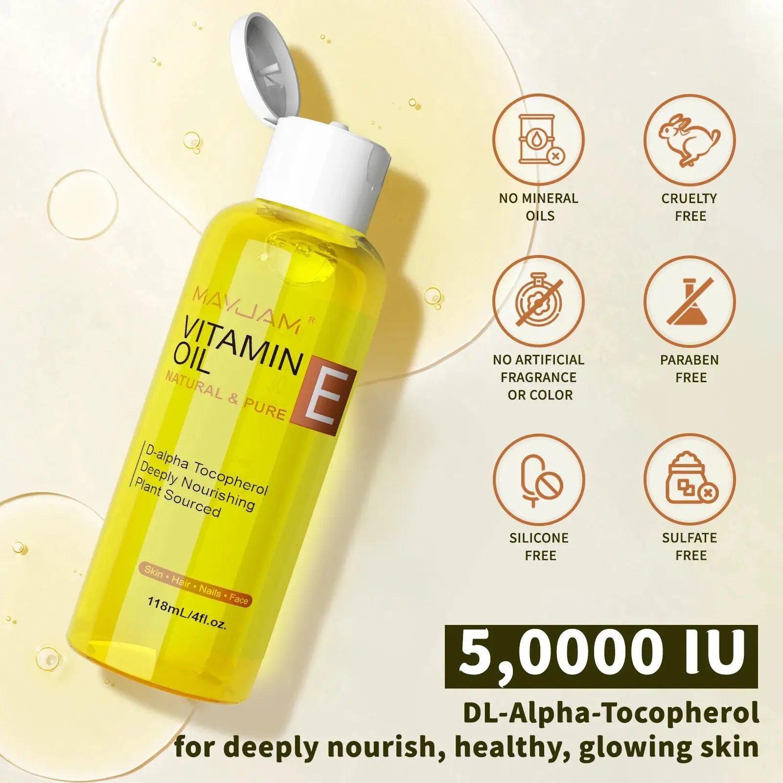 MAYJAM Natural And Pure Vitamin E Oil For Skin And Hair Moisturizing Brightening And Nourishing 118ml 236ml