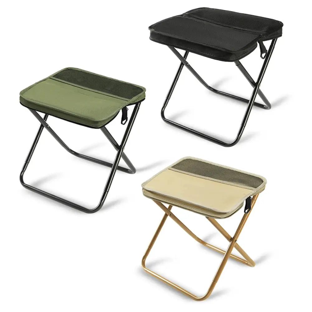 Three folding camping stools by Simples Market in green, black, and beige with metal frames