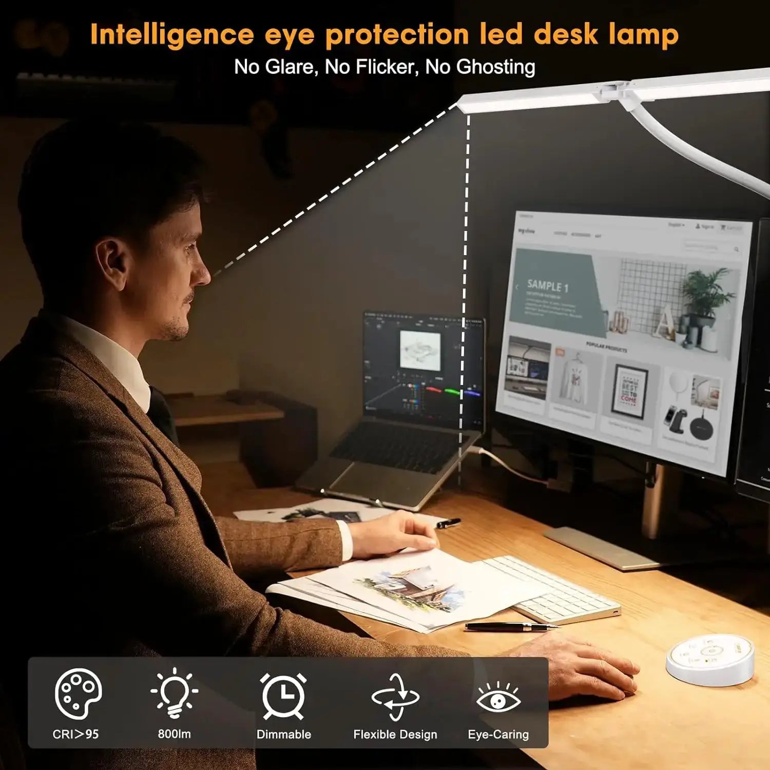 LED desk lamp with adjustable gooseneck, white finish, eye-care light with stepless dimming.