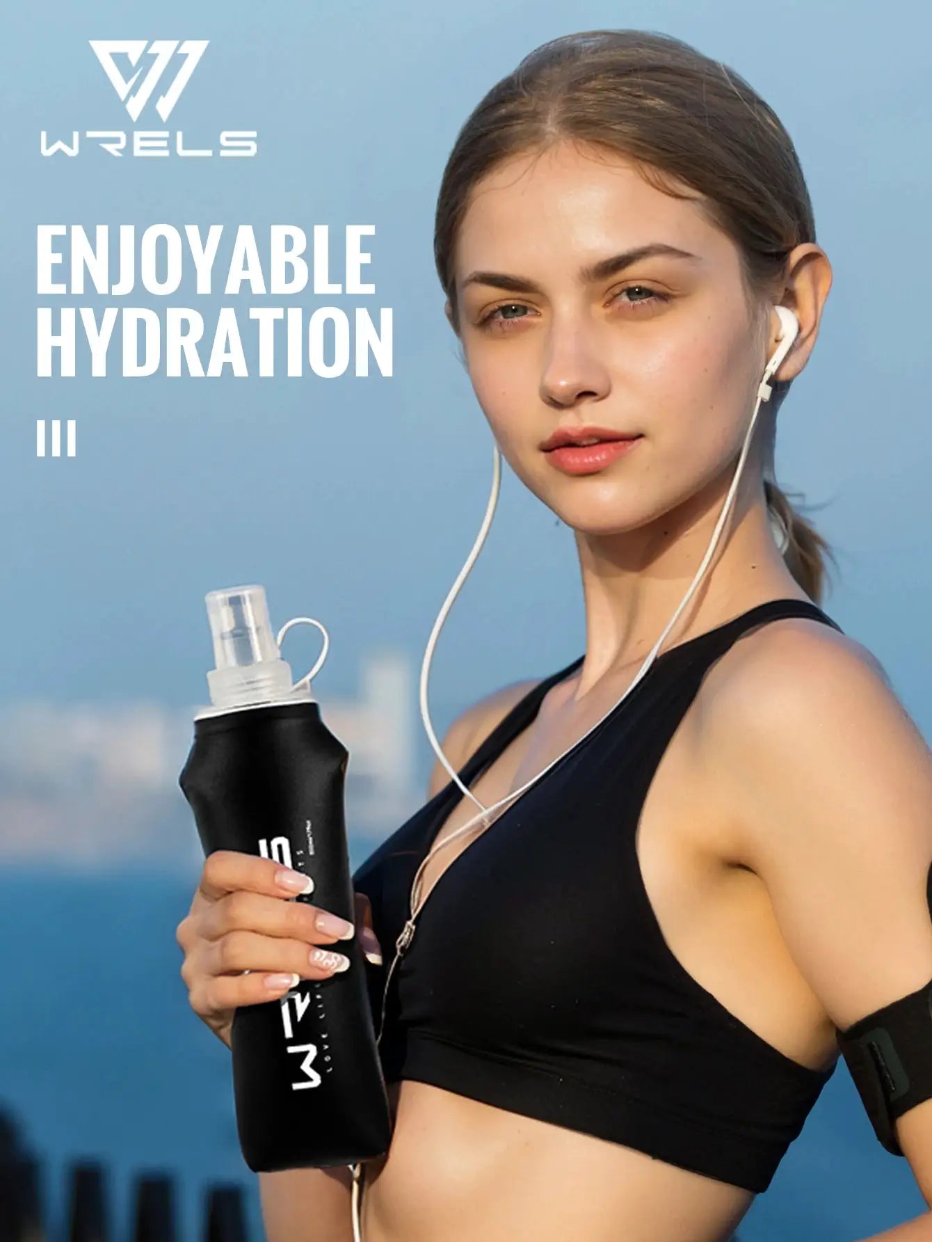 WRELS soft flask hydration bottle, TPU ultralight collapsible, BPA-free leakproof squeeze, black bottle held by woman