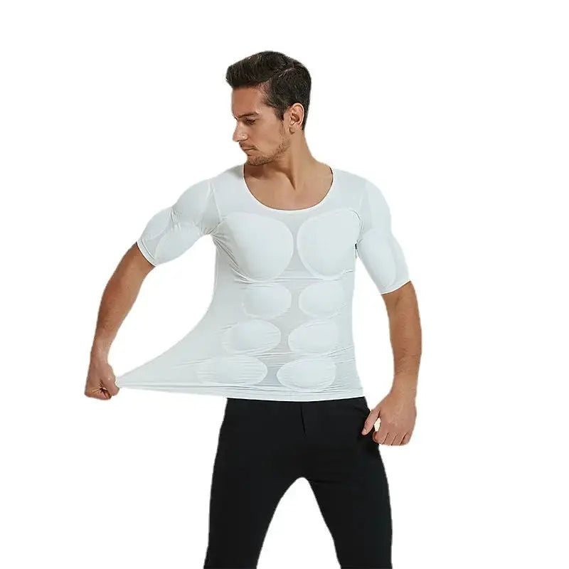 Men's body shaper undershirt with built-in ABS muscle panels, white