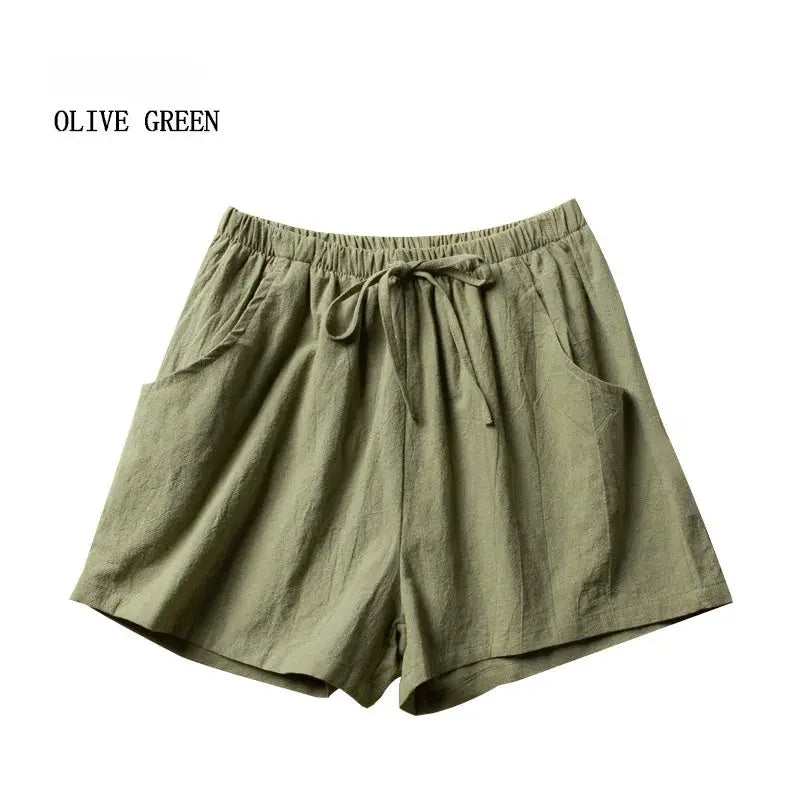 Women’s olive green linen shorts with drawstring waist and side pockets