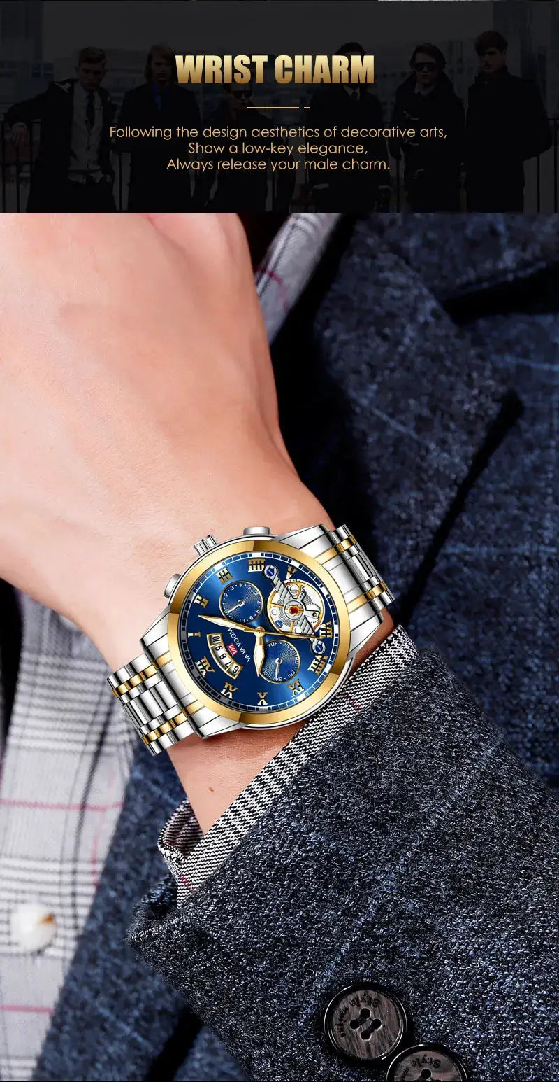 Simples Market men's luxury wristwatch with blue dial and two-tone stainless steel and gold bracelet