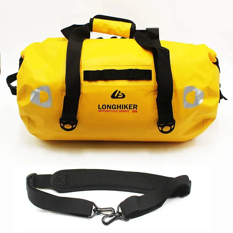 Longhiker 40L–120L waterproof duffle bag in yellow with black handles and detachable shoulder strap