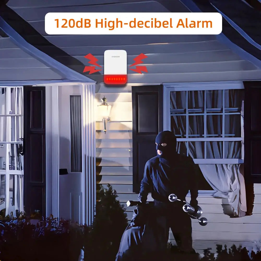 Staniot wireless strobe siren, white outdoor security alarm with red LED, 120dB
