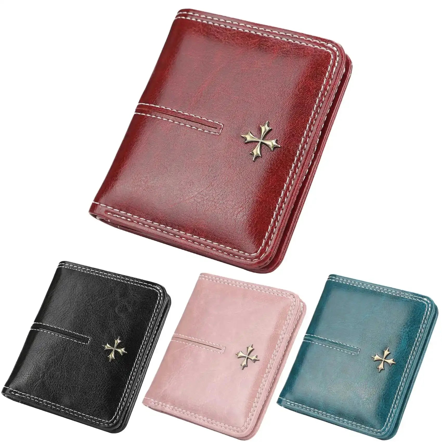 Set of six women's short oil-wax PU wallets with zipper; red, black, pink, teal, blue, mint with gold cross accents.