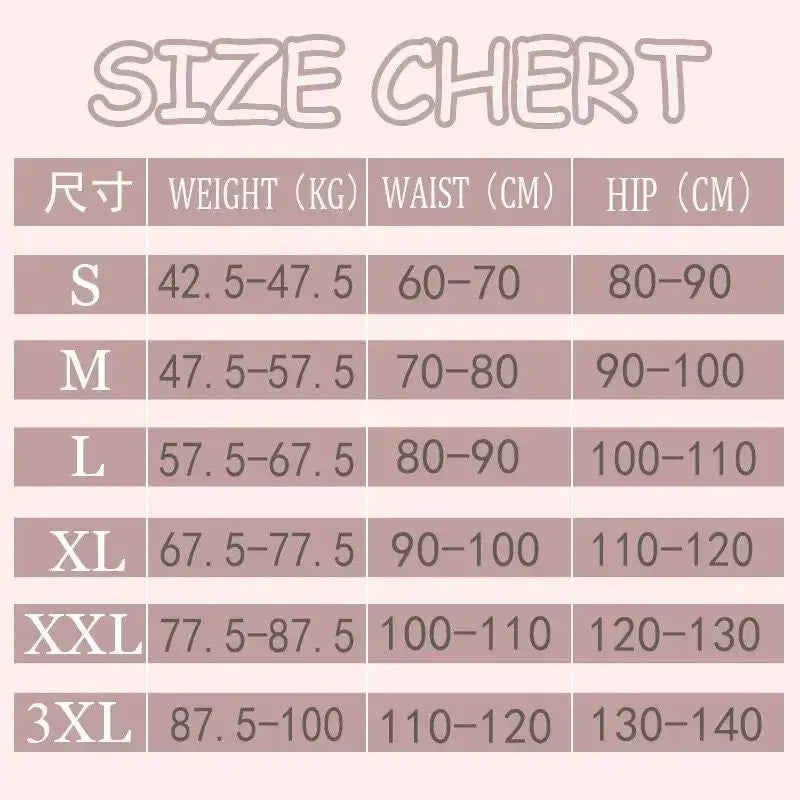 Womens slimming panties size chart by Simples Market for S-3XL, with weight, waist and hip ranges.