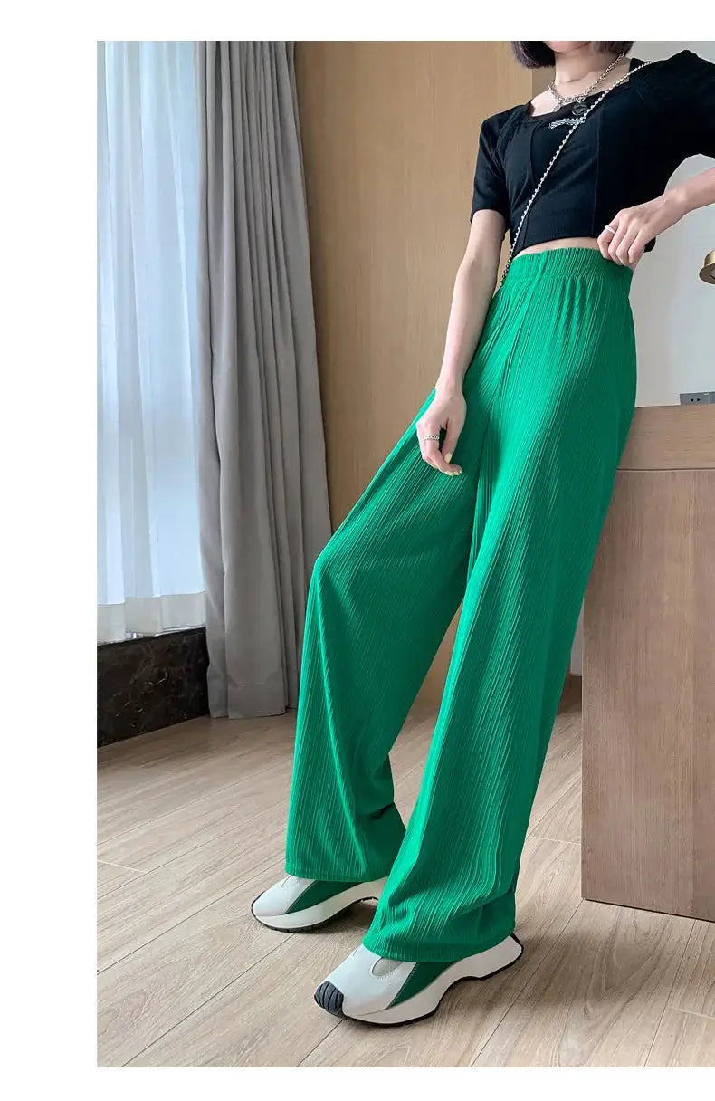 Simples Market thin summer wide-leg pants for women, lime green, elastic waist, full-length casual trousers