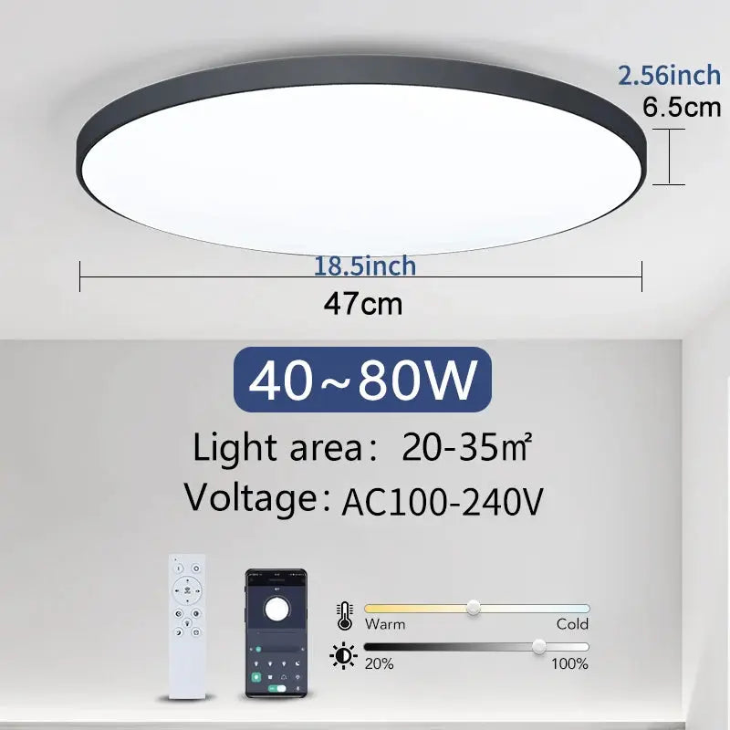 MARPOU smart round white LED ceiling lamp with black rim by Simples Market, remote-controlled and dimmable