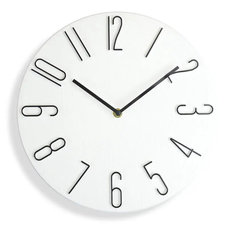 Wall clock, 30cm white circular face with oversized black numerals and black hands; no second hand.