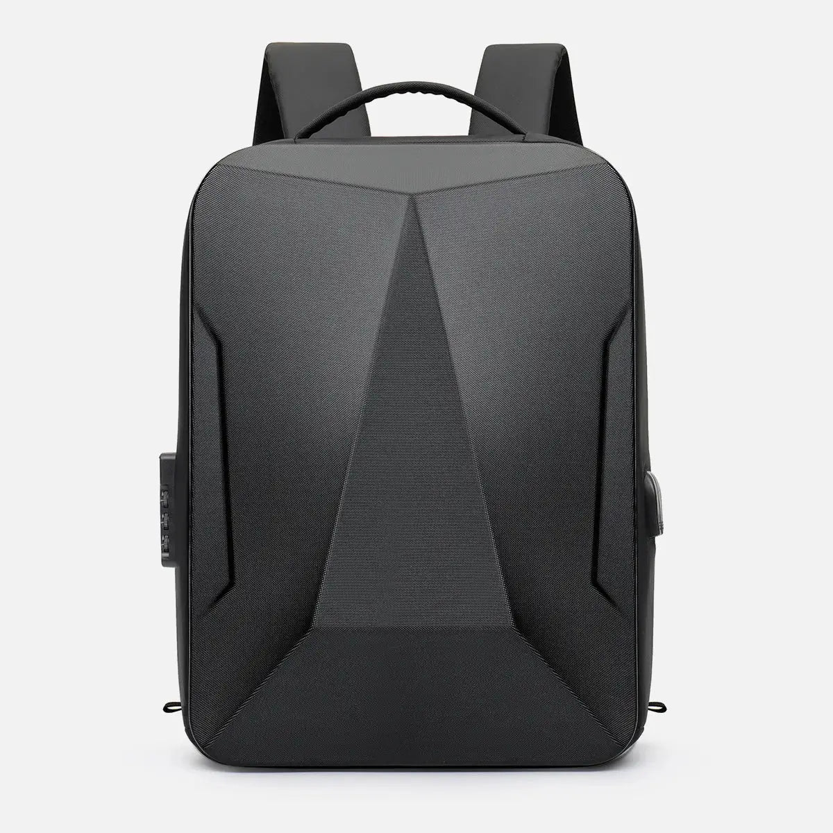 Backpack black hard-shell with angular panels, ideal for laptop storage and travel