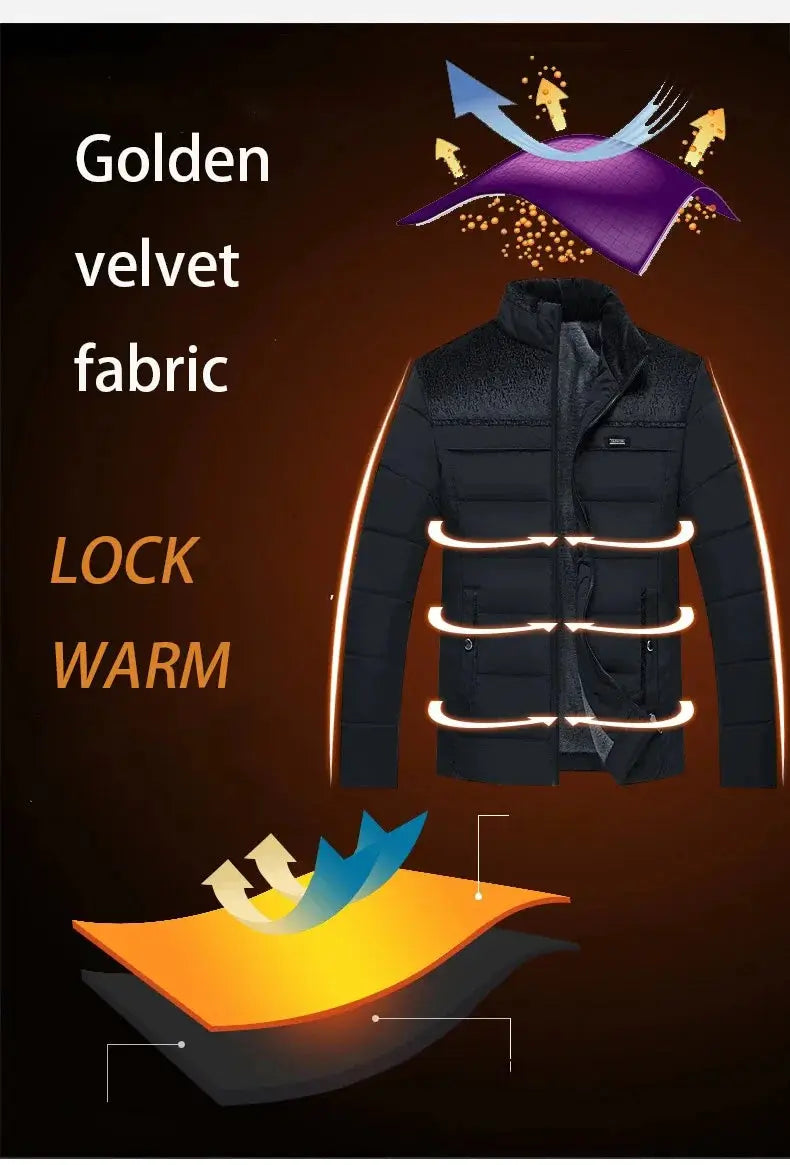 Men's puffer jacket by Simples Market; black plush thickened parka with stand collar and zip closure