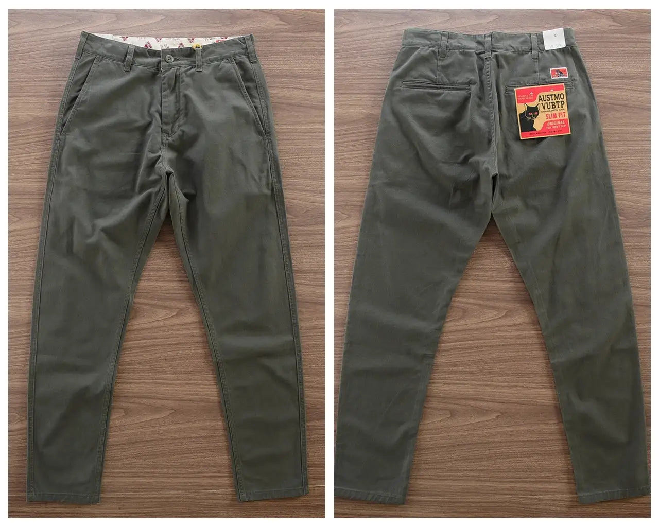 Men's 100% cotton washed olive green twill chinos, straight-leg casual trousers by Simples Market