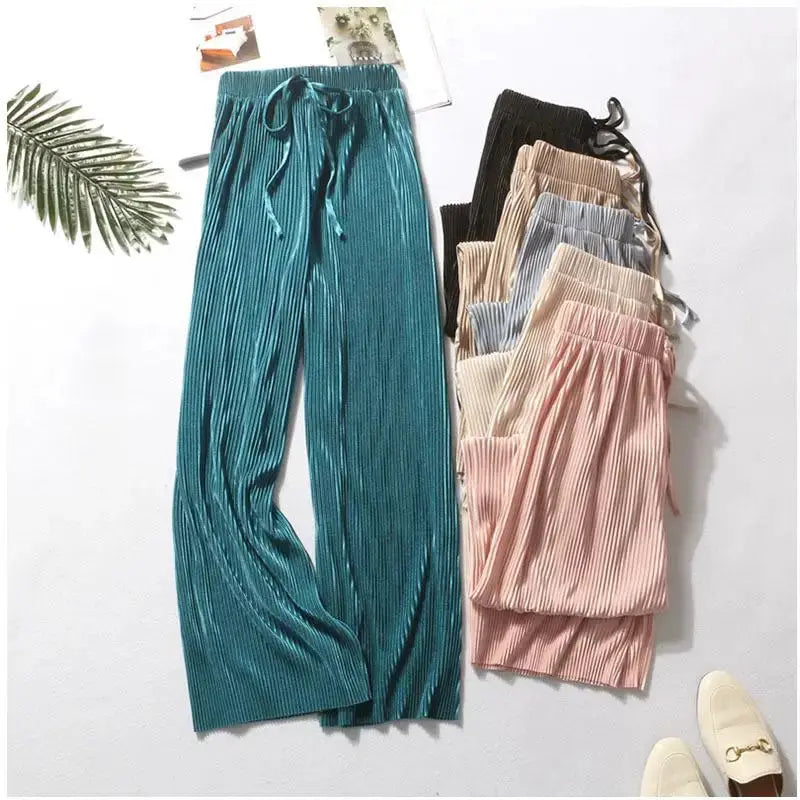 NovaModa Ice Silk Pleated Wide Leg Pants For Women Breathable Summer Comfort Elastic Waist