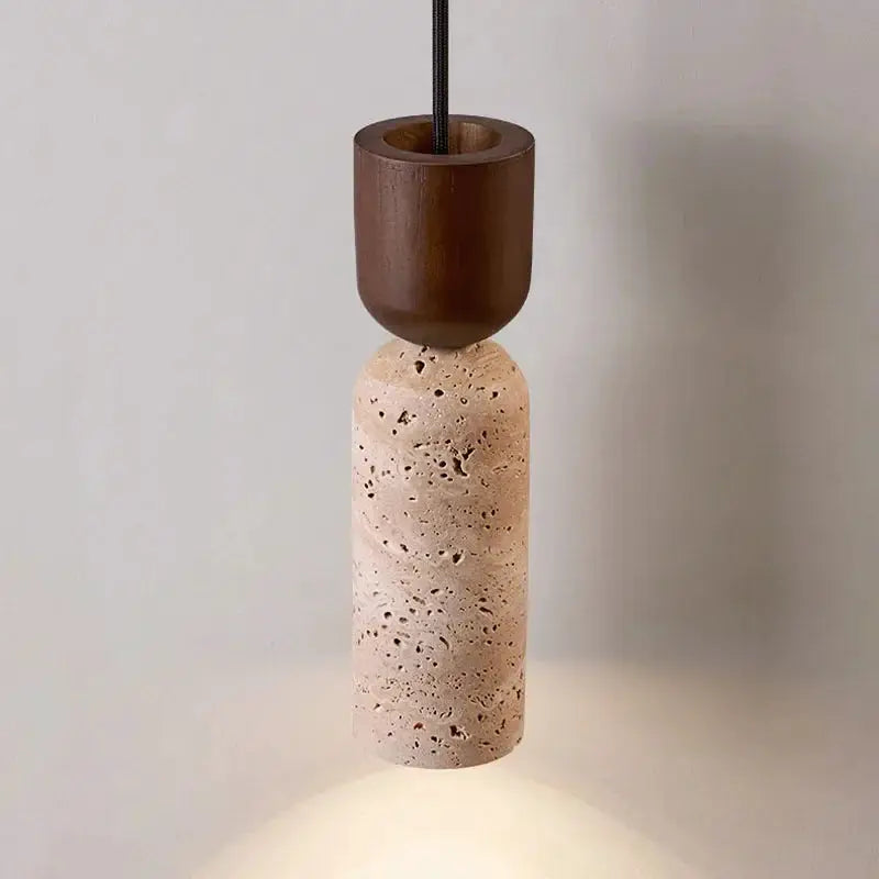 Bedside pendant light, Japanese wabi-sabi style with dark wood top and speckled beige stone column