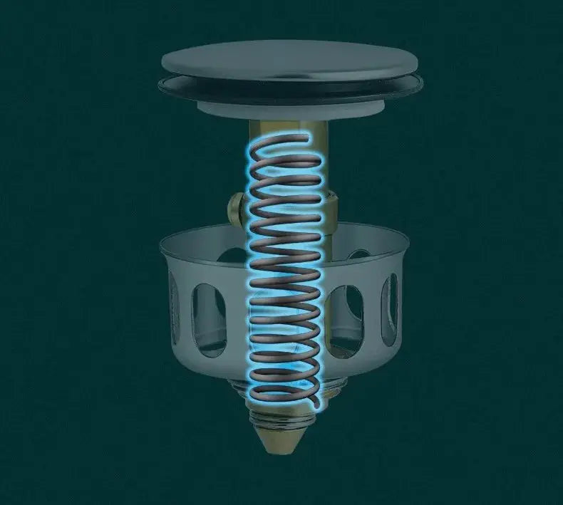 Basin drain with universal metal filter and pop-up stopper, hair catcher, Simples Market bathroom accessory.