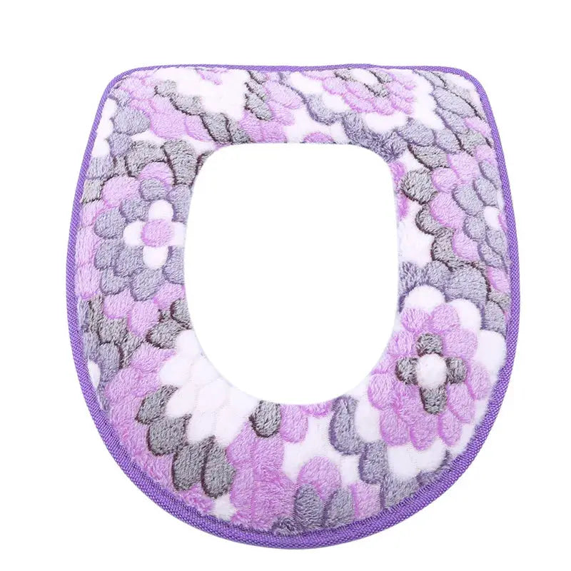 Toilet seat cover plush mat by Simples Market; purple floral pattern, waterproof and washable, universal fit