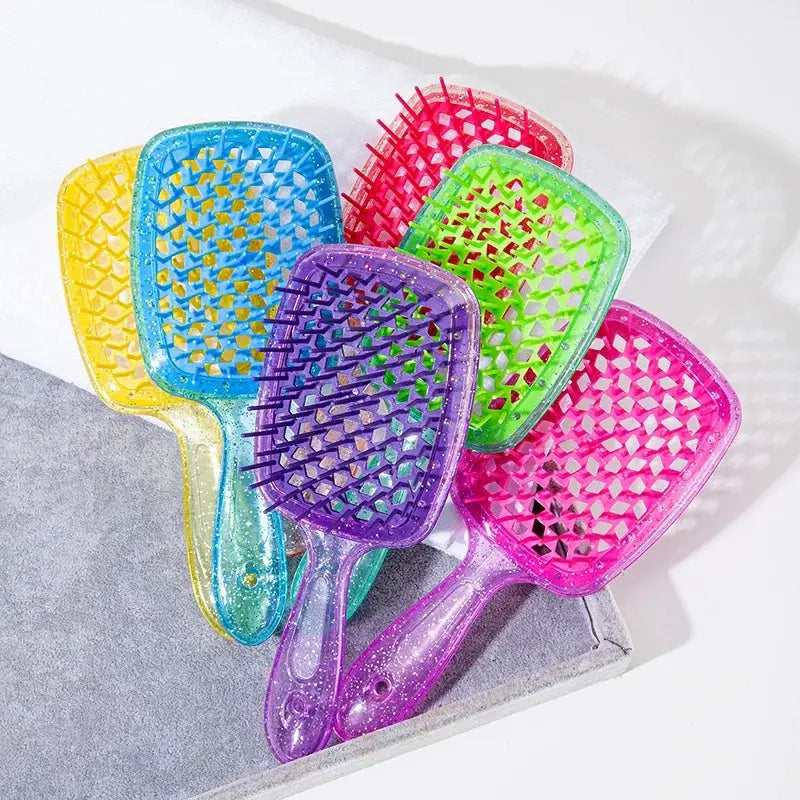 6-piece detangling hair brush set with colorful hollow-out handles for wet or curly hair