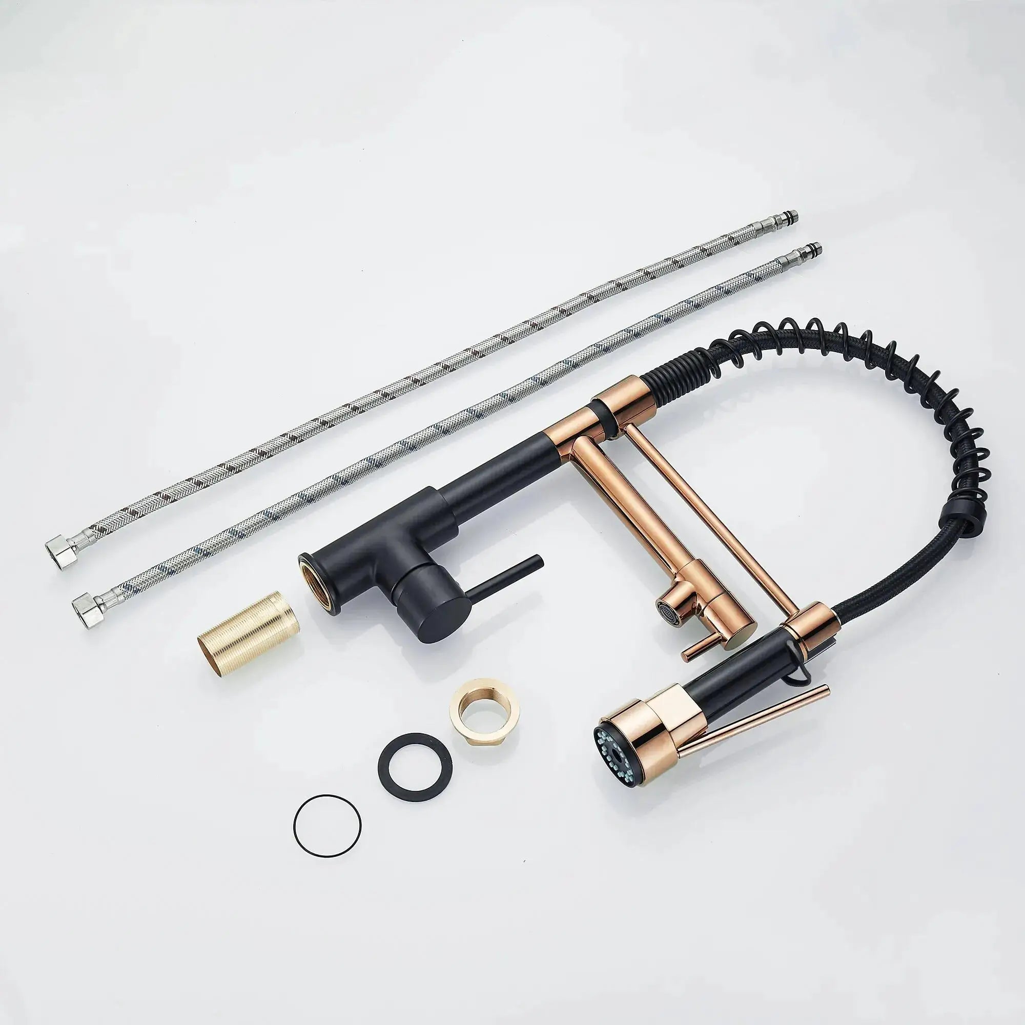 Simples Market kitchen faucet components: two braided lines, copper tubing, black spray hose