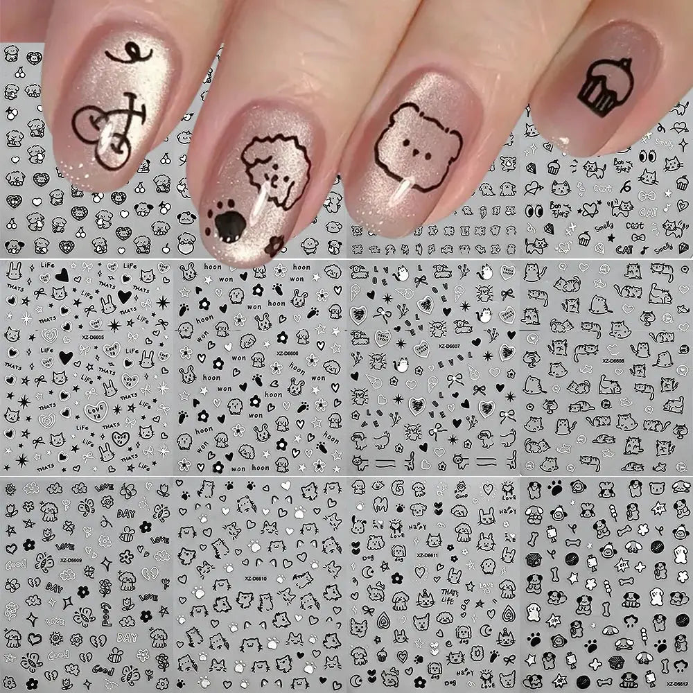 Nail sticker set: 12-sheet cartoon black-cat decals for kawaii manicure by Simples Market