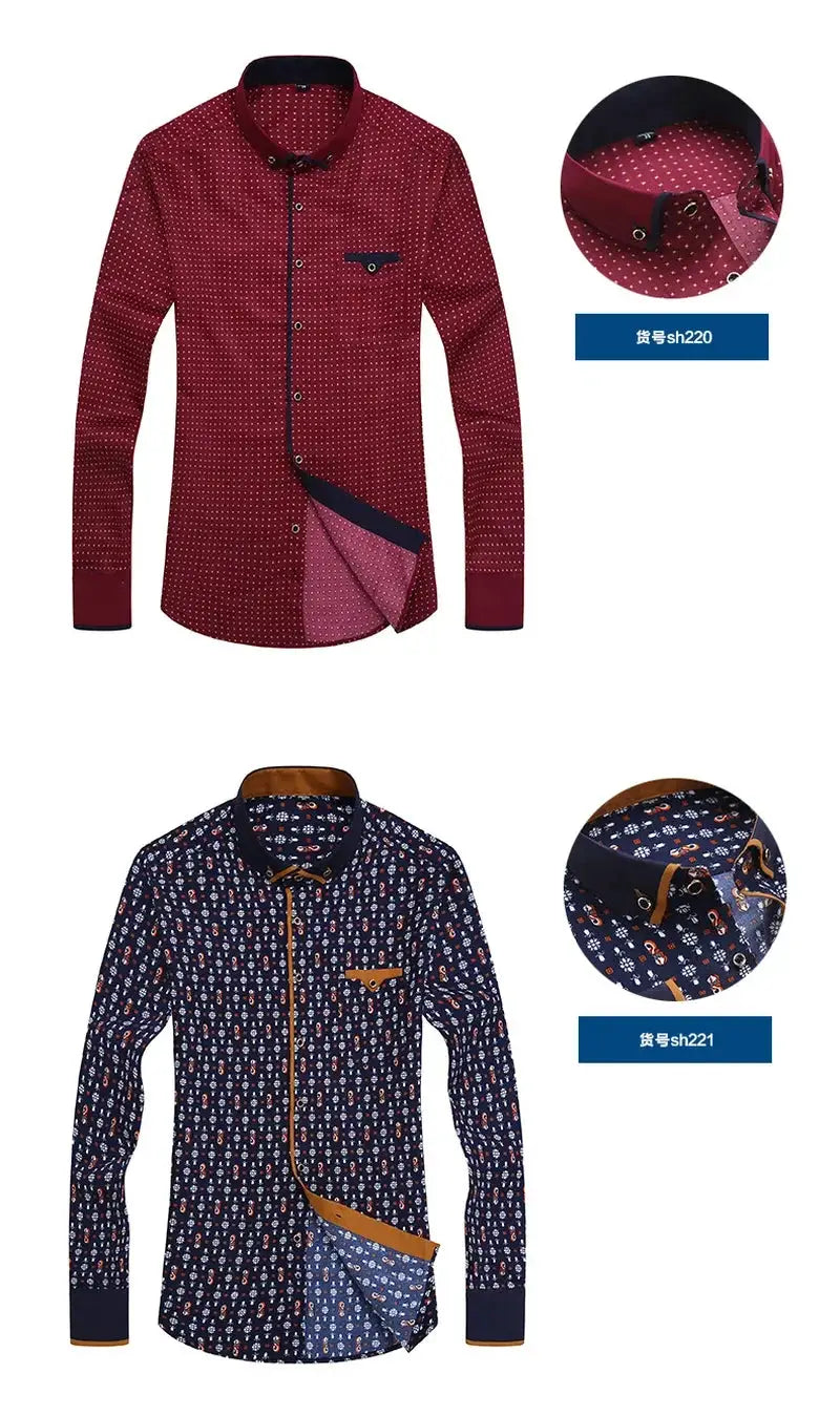 Two men's button-down shirts: burgundy dotted long-sleeve with navy trim and navy floral long-sleeve with tan accents