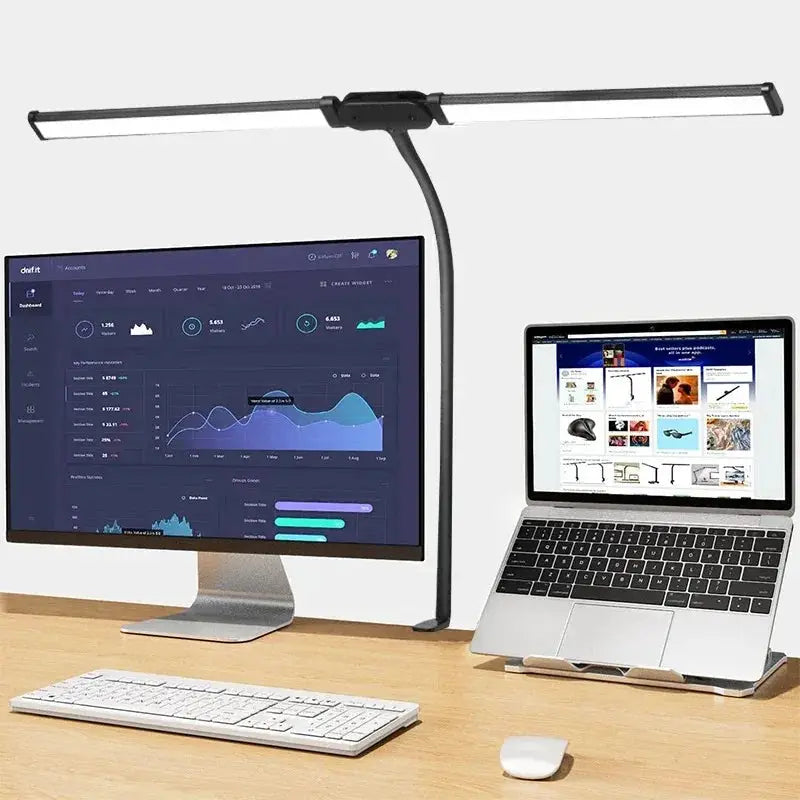 Simples Market LED desk lamp with double heads, black metal, stepless dimmable gooseneck