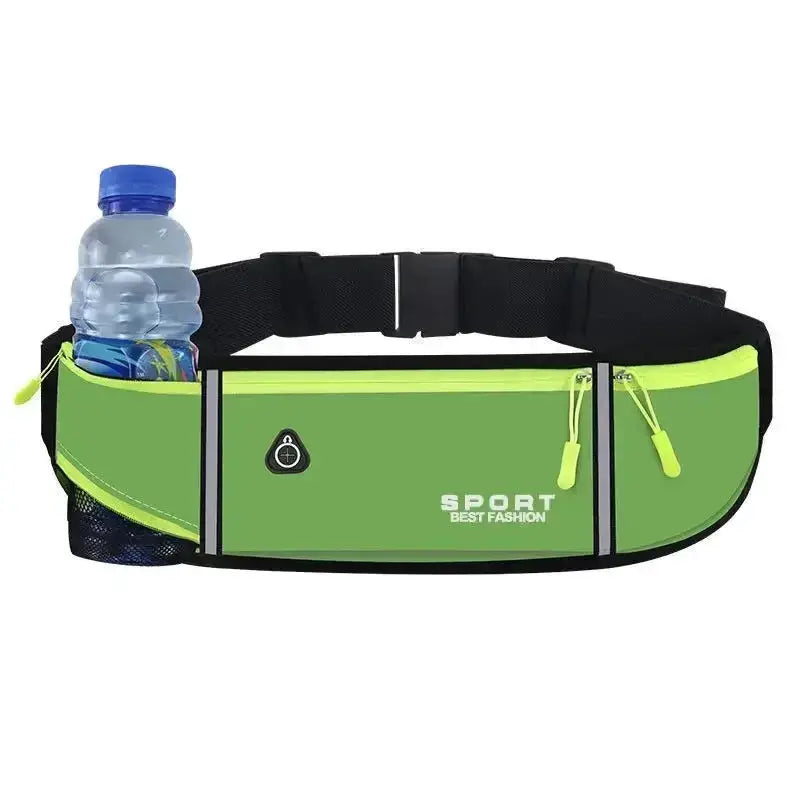 Outdoor running waist bag in lime green with bottle holder and three waterproof pockets